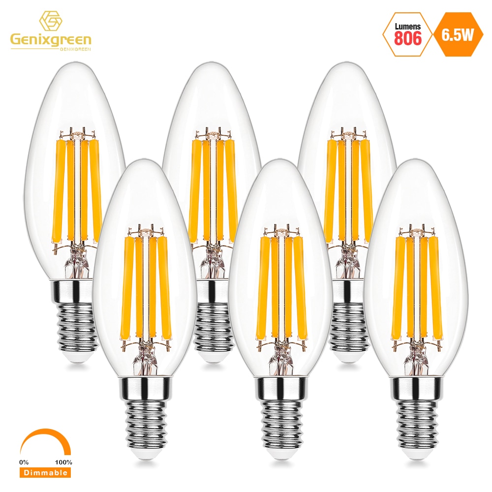 C35 Candle Light Bulb 6.5W E14 Led Filament Bulb 806Lumens High Lumens Dimmable Candelabra Chandelier Clear Glass Re